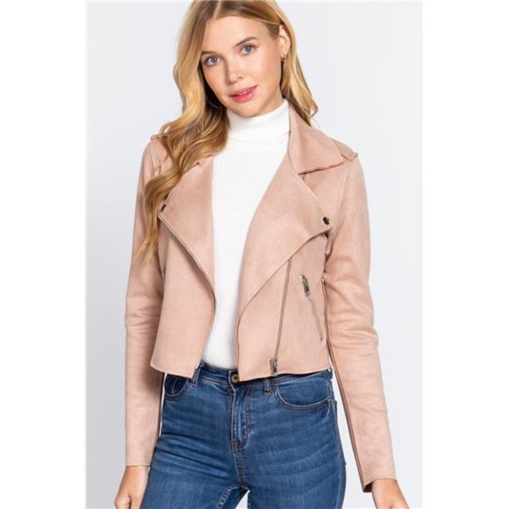 SALE!! Pink Long Sleeve Biker Faux Suede Short Jacket For Women
